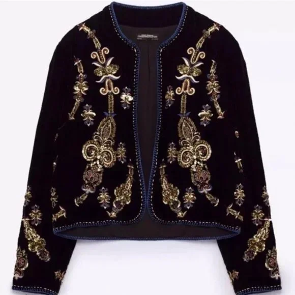 ZARA Premium Velvet Embellished Bolero Jacket Sz M Black Rare Blogger Fav - Picture 4 of 10